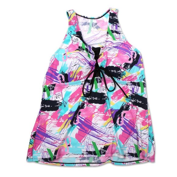 Flamingo Swim Top & Shorts 2pc Neon 90s Bathing Suit Stretch Pink Blue Black - Picture 9 of 15